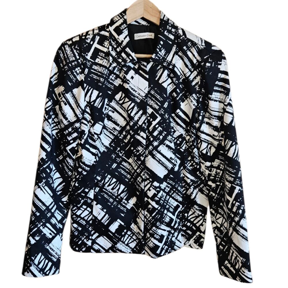 Coldwater Creek Black White Abstract Printed Lined Cotton Blazer Large
